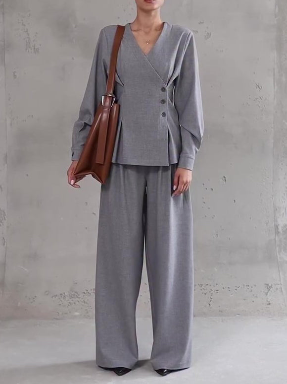 Ensemble Haut Asymétrique à Col en V gris clair et Pantalon Large