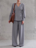 Ensemble Haut Asymétrique à Col en V gris clair et Pantalon Large