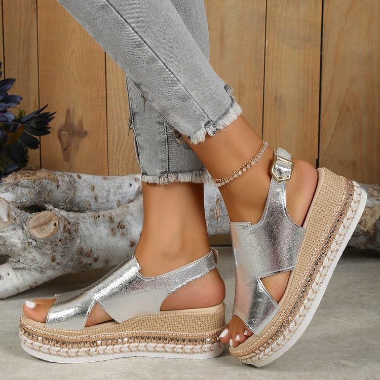 Sandales d'été brillantes à bout ouvert, style poisson, à boucle, pour femmes