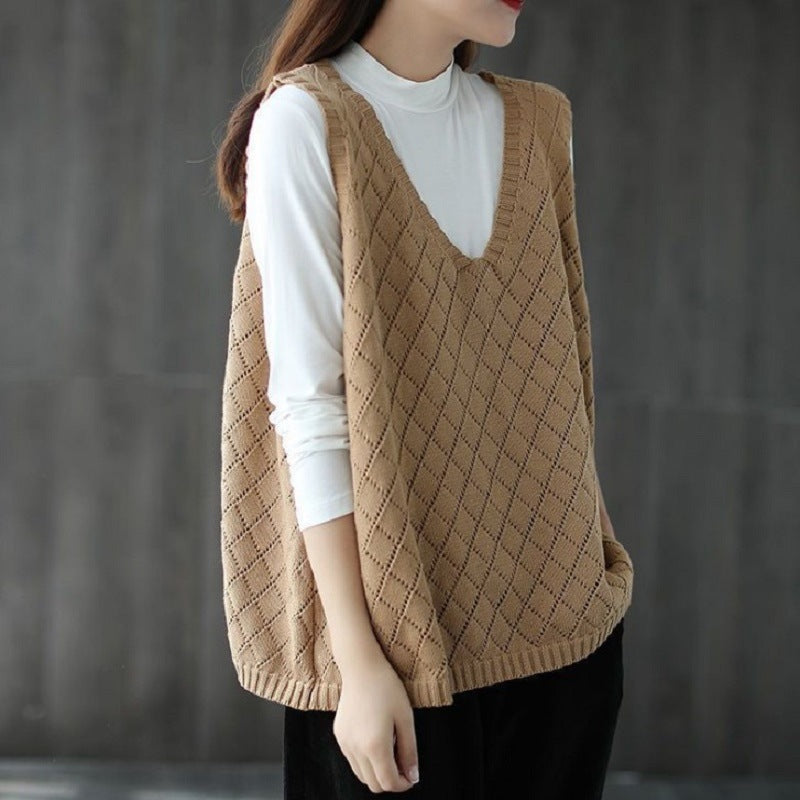 Gilet Rétro pour Femme, col Ample et Ajouré en Maille