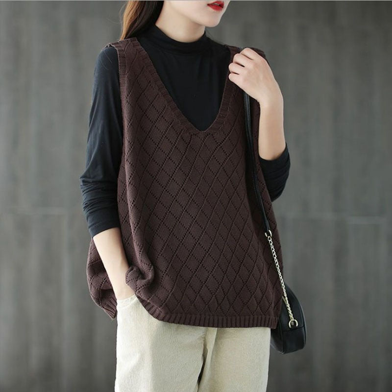 Gilet Rétro pour Femme, col Ample et Ajouré en Maille