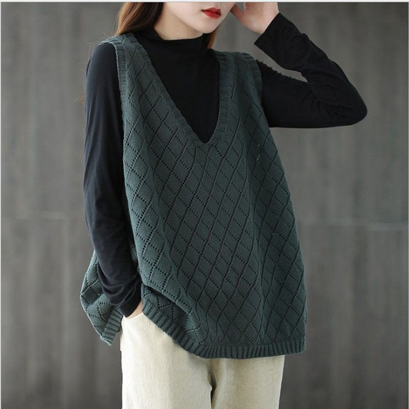 Gilet Rétro pour Femme, col Ample et Ajouré en Maille