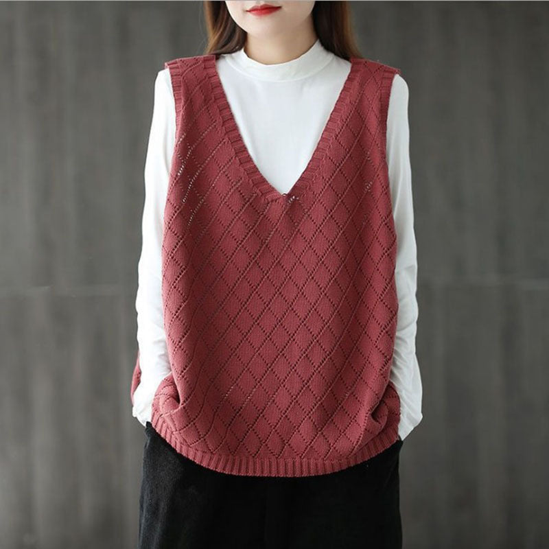 Gilet Rétro pour Femme, col Ample et Ajouré en Maille
