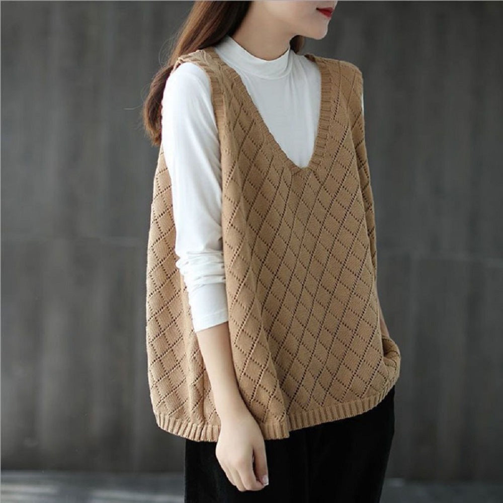 Gilet Rétro pour Femme, col Ample et Ajouré en Maille