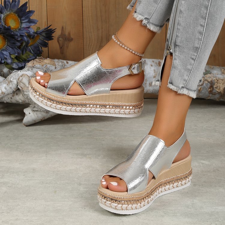 Sandales d'été brillantes à bout ouvert, style poisson, à boucle, pour femmes